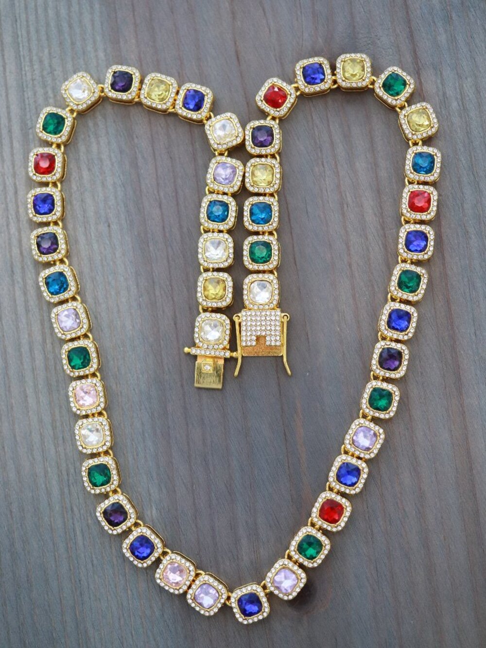 12.5mm Multicolor Square Halo Diamond Chain Necklace with Rhinestones Gold Plate